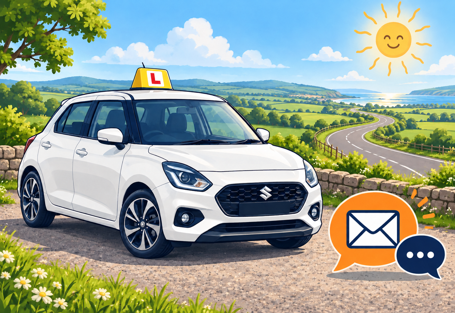 White learner car with message icons for contacting Paul about driving lessons