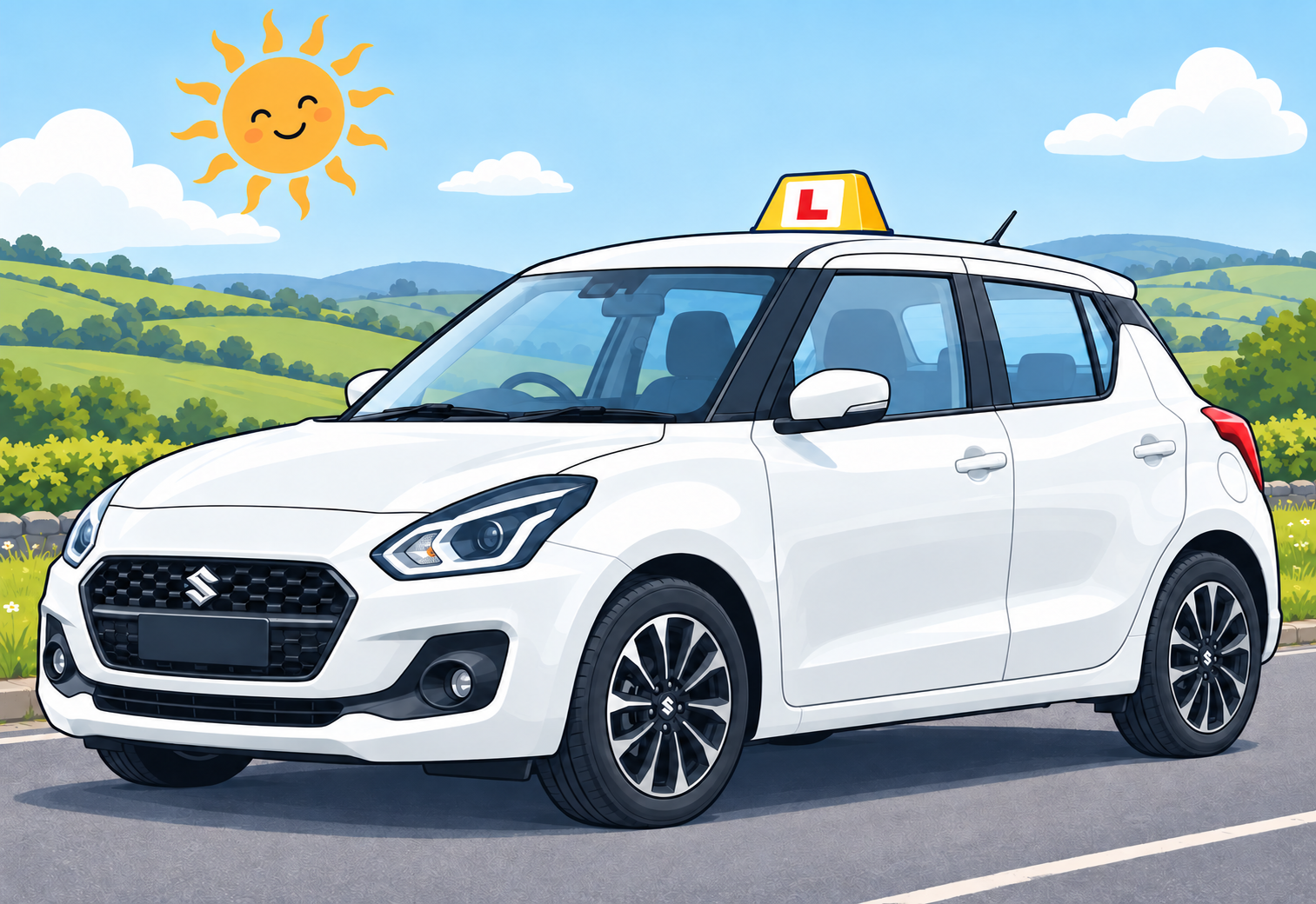 Cartoon white Suzuki Swift learner car with a yellow roof sign, smiling sun and countryside background