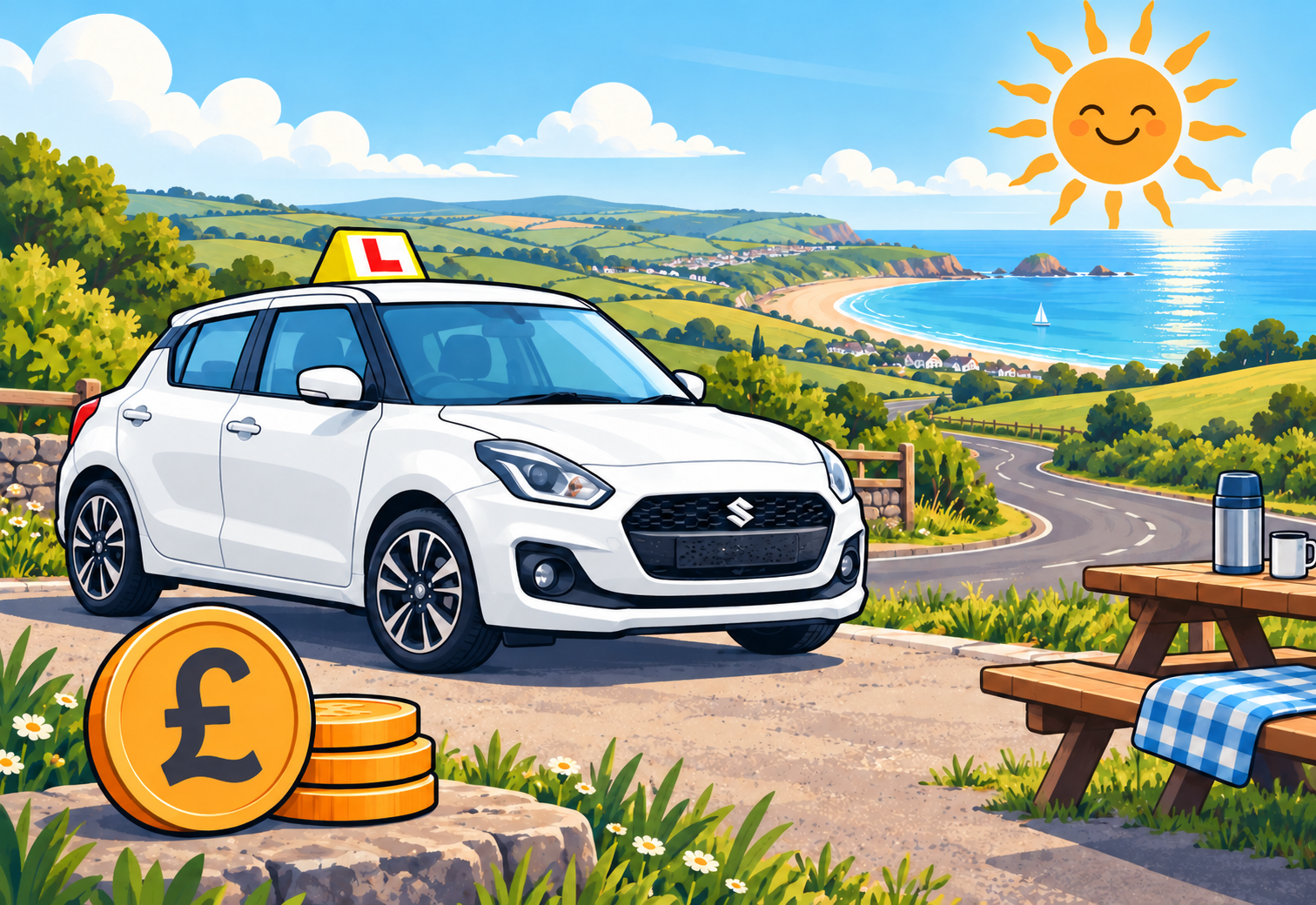 White learner car beside a coastal road with pound coins representing lesson value